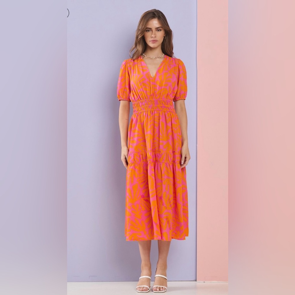 Fuchsia/Orange Summer Ruched Detail Layer Flare Midi Dress